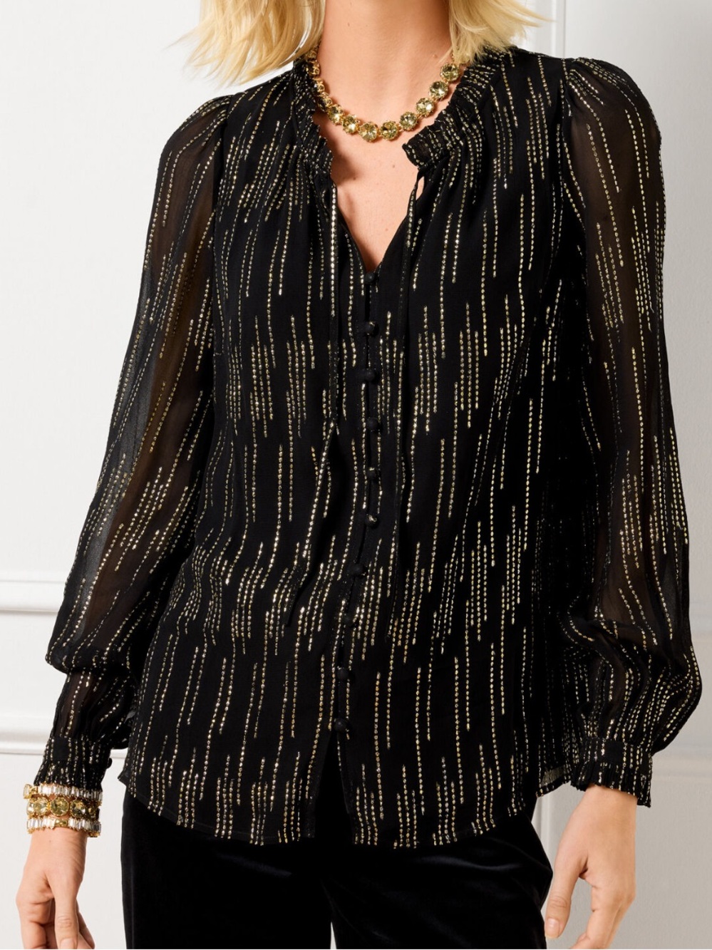 Talbots Black Blouse with Gold Metallic Stripe Detail- METALLIC CLIP DOT TOP